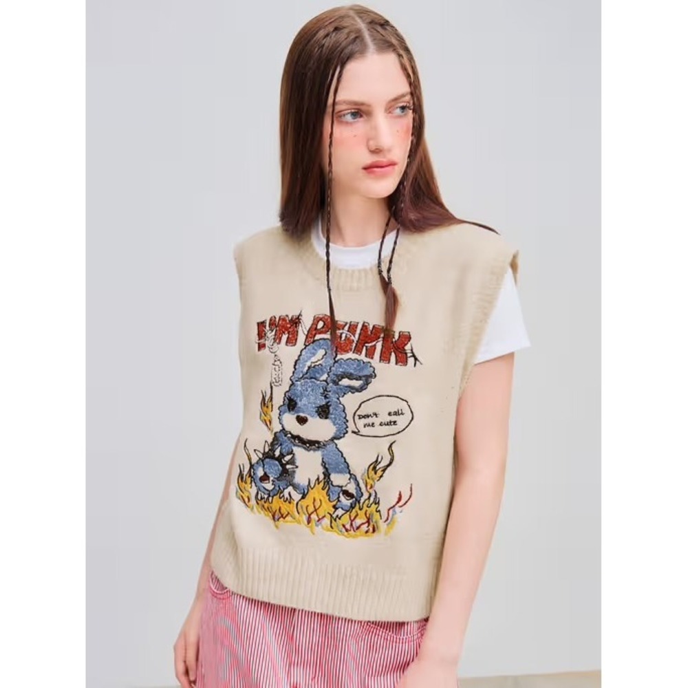 Cider Im Punk Bunny Graphic Knit Sweater Vest Beige XXS